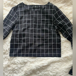 Missguided Black Checkered Tie Bell Sleeve Top